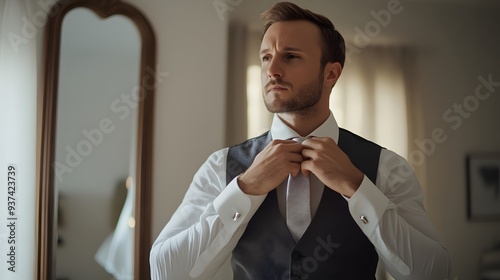Man in White Dress Shirt and Vest: A man in a white dress shirt and vest, adjusting his tie in front of a mirror.

