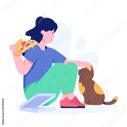 Girl sitting with pet and eating pizza, flat illustration 