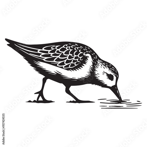 Sanderling Silhouette - Sanderling Bird Clipart,  Calidris alba Design, Sanderling pecking at the ground Illustration in black and white