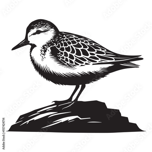 Sanderling Silhouette - Sanderling Bird Clipart,  Calidris alba Design, Sanderling perched on a rock Illustration in black and white