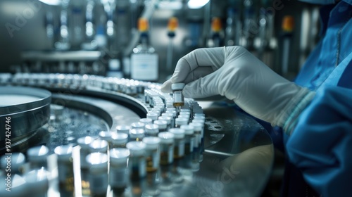 Gloved Hand Placing a Vial on a Conveyor Belt in a Pharmaceutical Factory photo