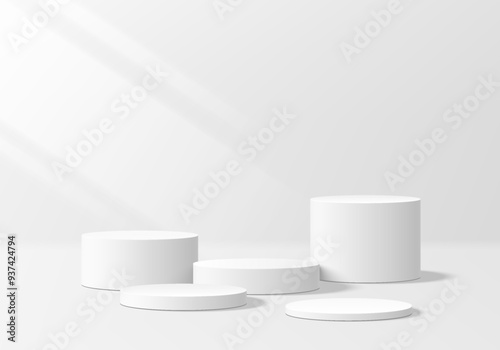 3D white round podium set background with light and shadow. Abstract geometric composition in minimalist design. 3D studio display showroom product pedestal, Fashion stage showcase mockup scene.