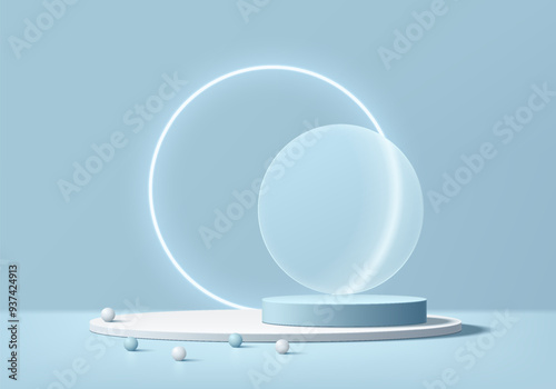 3D blue, white round podium background with glowing neon ring backdrop. Abstract composition minimalist design. Studio display showroom cosmetic product pedestal, Fashion stage showcase mockup scene.