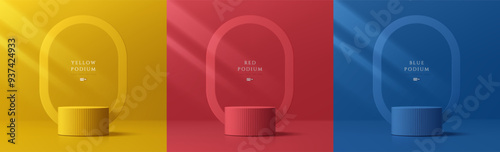 Set of 3D red, blue and yellow podium background with arch shape backdrop. Abstract composition in minimalist design. 3D studio display showroom product pedestal, Fashion stage showcase mockup scene.