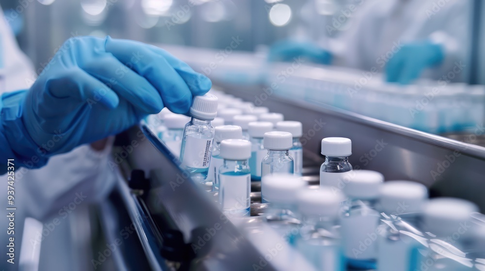 Gloved Hand Placing Vial on Conveyor Belt in Sterile Pharmaceutical Factory Gloved Hand Placing Vial on Conveyor Belt in Sterile Pharmaceutical Factory