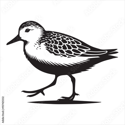 Sanderling Silhouette - Sanderling Bird Clipart,  Calidris alba Design, Sanderling walking Illustration in black and white
