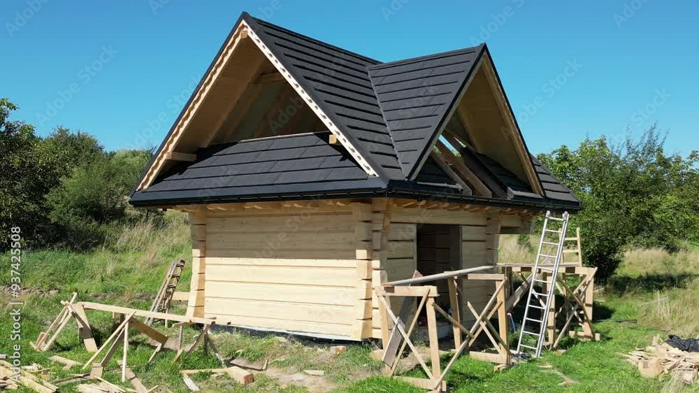 Wooden mountain house under construction surrounded by lush, greenery and beautiful blue sky - 4K