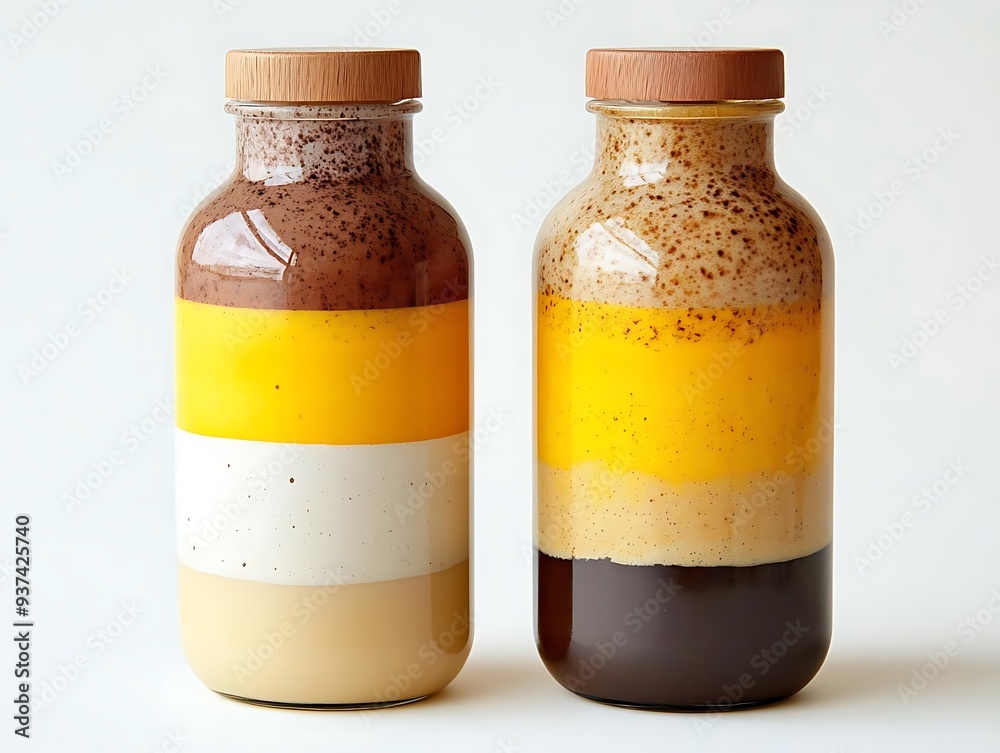 Two Glass Bottles with Layered Liquids in Yellow, White, and Brown - Photo Two Glass Bottles with Layered Liquids in Yellow, White, and Brown - Photo