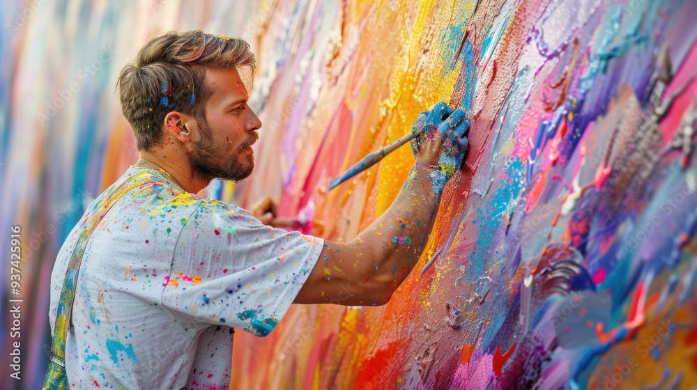 Art in Progress: Dressed in paint-splattered clothes, a young man adds vibrant colors to a mural, his face focused. Passersby on the busy street pause to admire his artistry.
