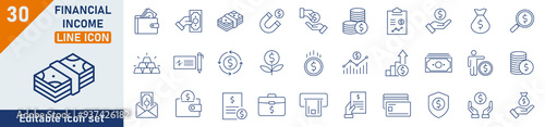Financial Income line icon set. Set of 30 outline icons related to income, profit, salary, money growth and others. Linear icon collection. Financial Income outline icons collection. Editable stroke.