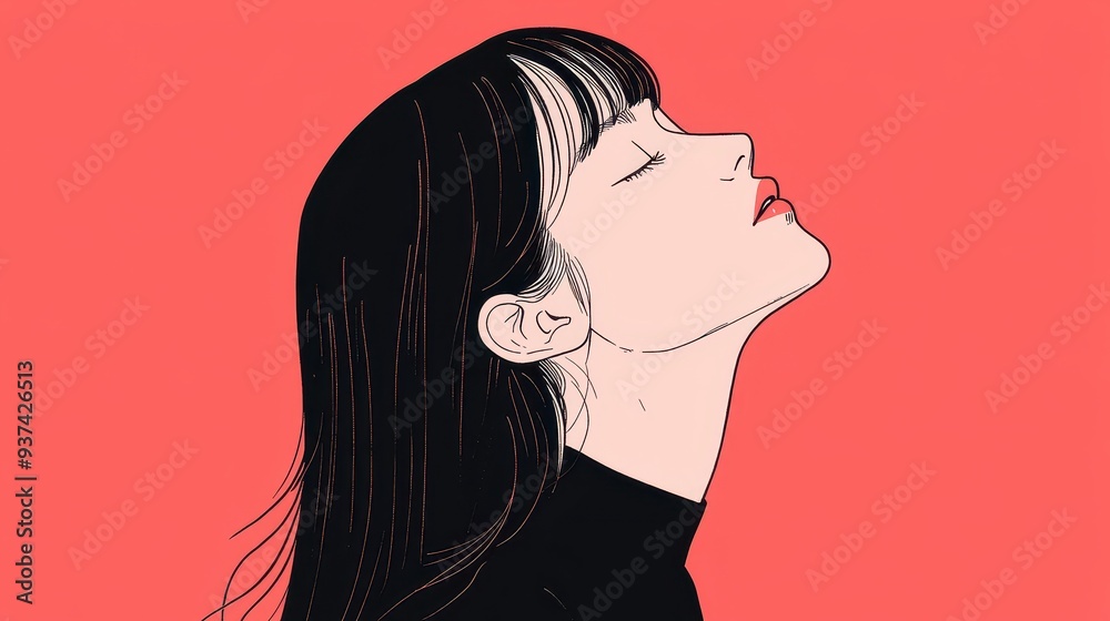 Naklejka premium Minimalist Illustration of Woman with Long Black Hair and Red Lips Against a Pink Background