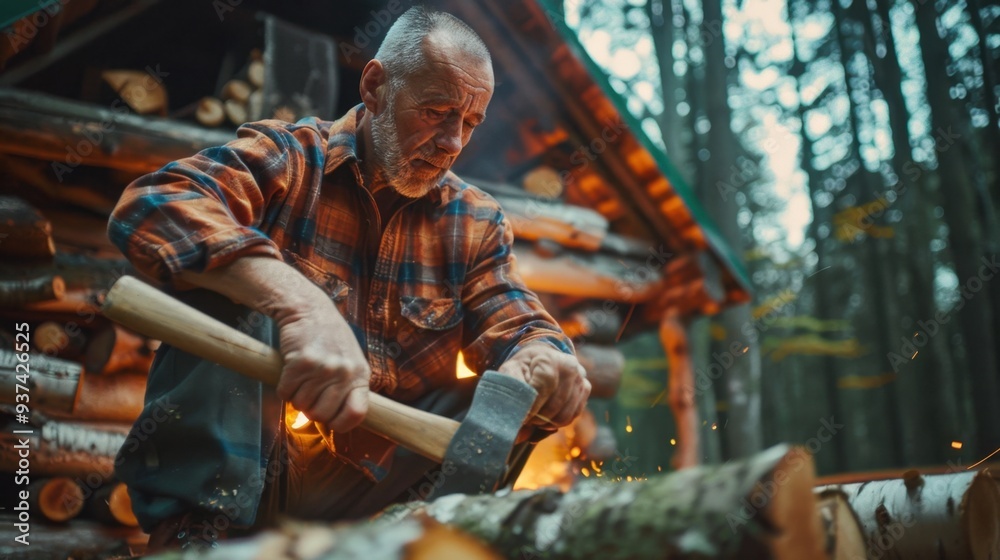 Wood Chopping Scene: In a plaid shirt and boots, a middle-aged man vigorously chops wood by a cabin. His muscles work hard as he swings the axe, surrounded by stacked logs and thick forest.
Wood Chopping Scene: In a plaid shirt and boots, a middle-aged man vigorously chops wood by a cabin. His muscles work hard as he swings the axe, surrounded by stacked logs and thick forest.