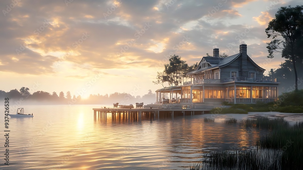 Naklejka premium Lakefront House with Wooden Dock at Sunset - 3D Illustration