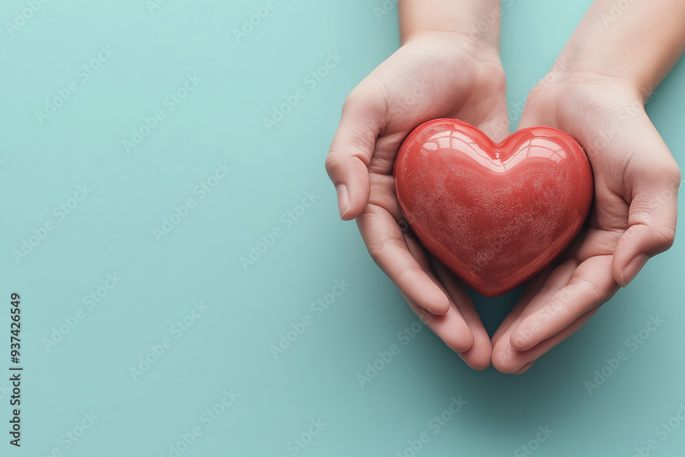 close up shot of two hands holding a heart, beautiful teal background, space for text, Valentine close up shot of two hands holding a heart, beautiful teal background, space for text, Valentine