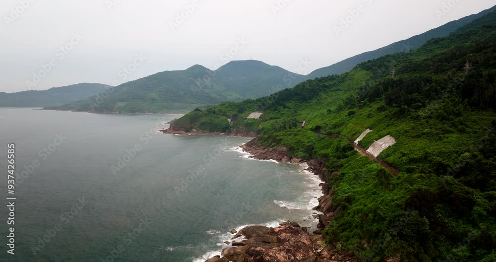 Coastal Winding Railway Track Across Hai Van Pass From Da Nang To Hue In Central Vietnam. Aerial Shot