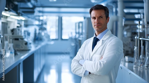 Wallpaper Mural Man in White Lab Coat: A man in a white lab coat, standing in a clean, modern laboratory with scientific equipment in the background. Torontodigital.ca