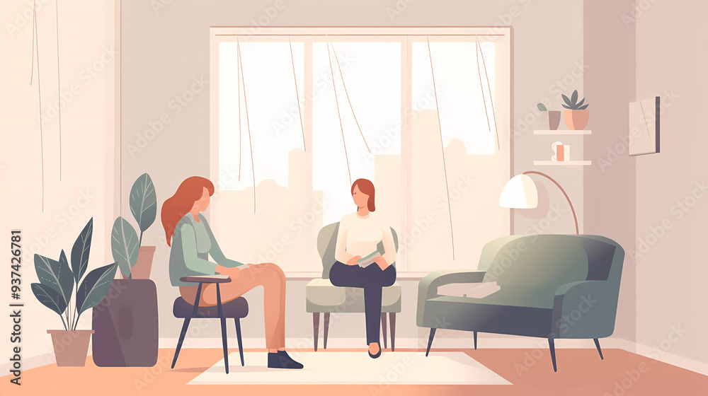 Patient sitting in arm chair talking with Psychologist in clinic.flat vector illustration.Mental health concept. Patient sitting in arm chair talking with Psychologist in clinic.flat vector illustration.Mental health concept.