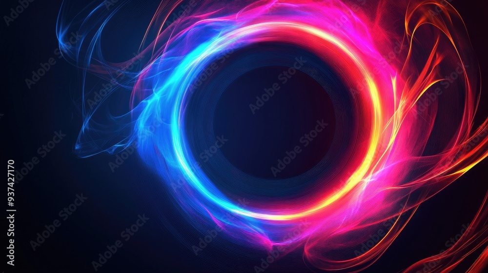 Abstract background with various geometric shapes, glowing circular flame in blue to red pink gradient on dark backdrop Abstract background with various geometric shapes, glowing circular flame in blue to red pink gradient on dark backdrop