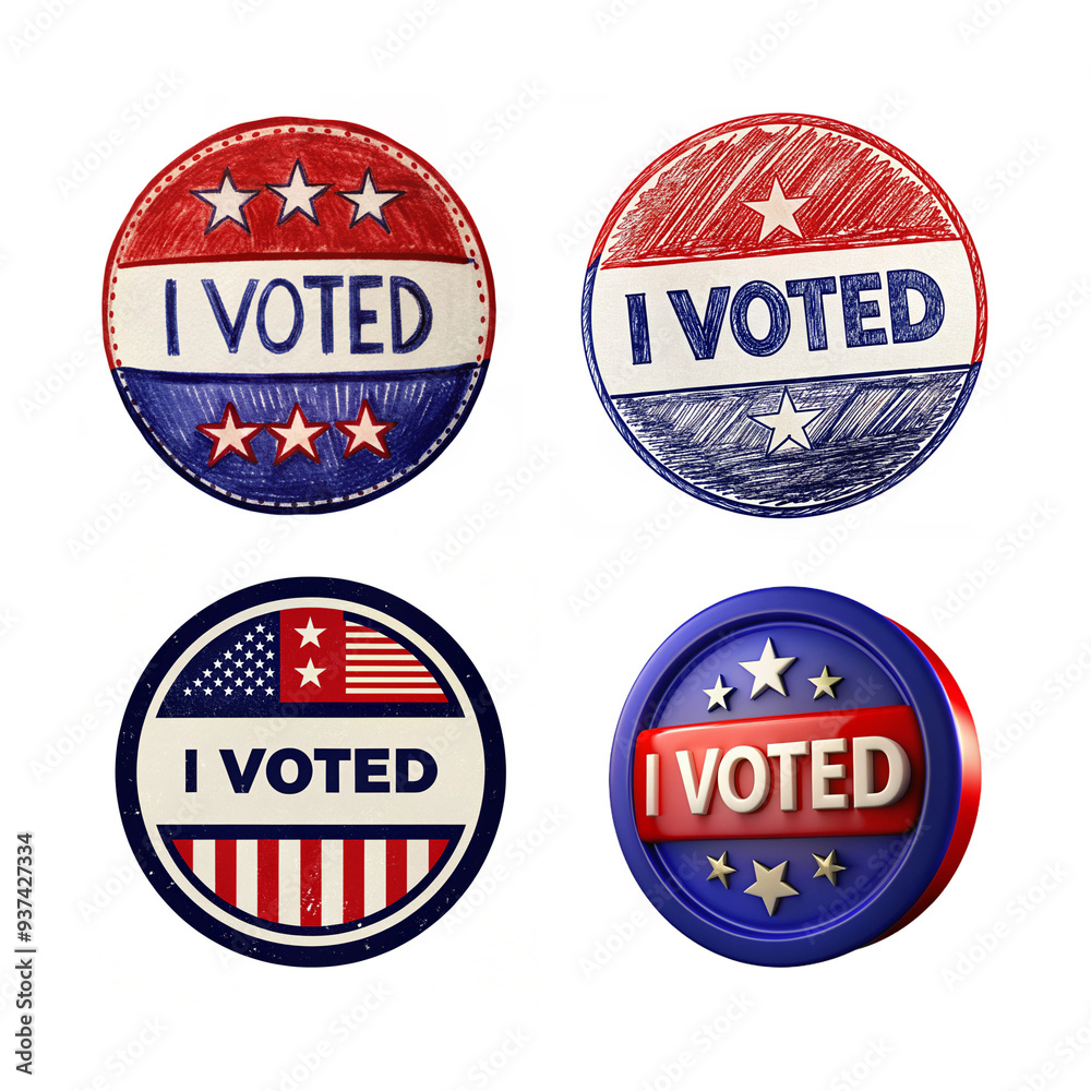 “I Voted” election sticker set in bright colors representing voter participation in the USA election process, isolated on a white background “I Voted” election sticker set in bright colors representing voter participation in the USA election process, isolated on a white background