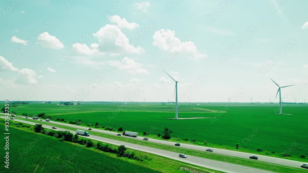 Aerial view of farming fields with wind turbines and a busy road in Indiana, USA, where renewable energy meets the lively flow of logistics and goods. Aerial view of farming fields with wind turbines and a busy road in Indiana, USA, where renewable energy meets the lively flow of logistics and goods.
