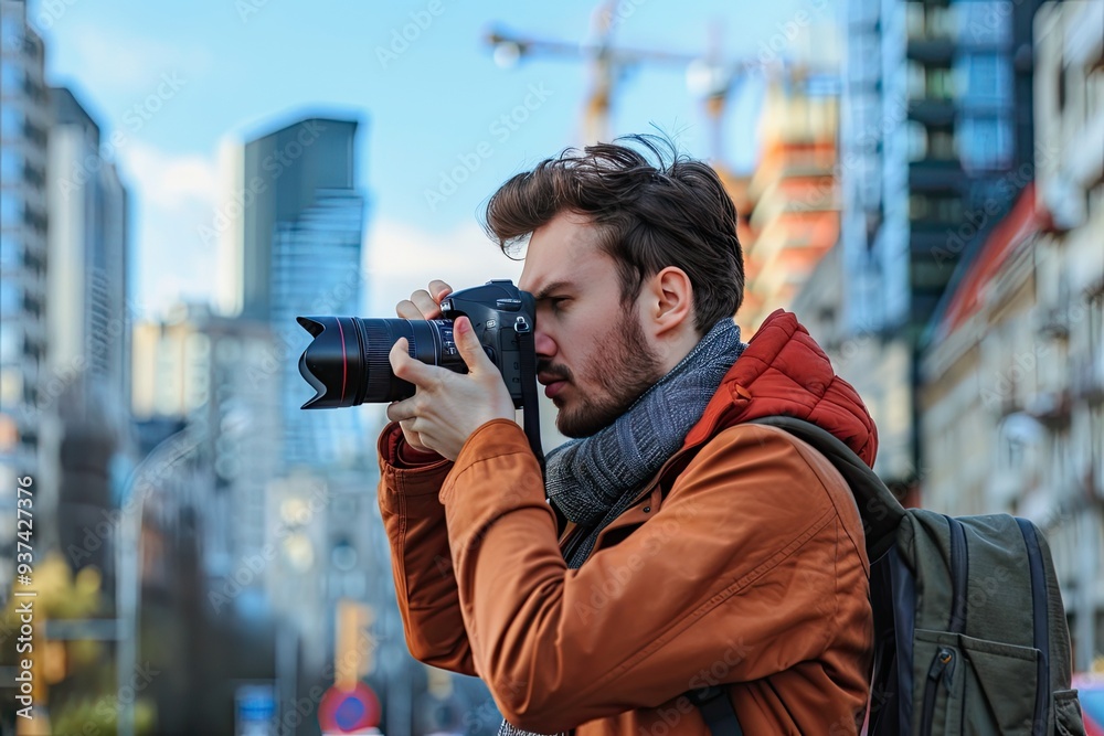 Young man photographer takes photographs with dslr camera in a city, Young man photographer takes photographs with dslr camera in a city,