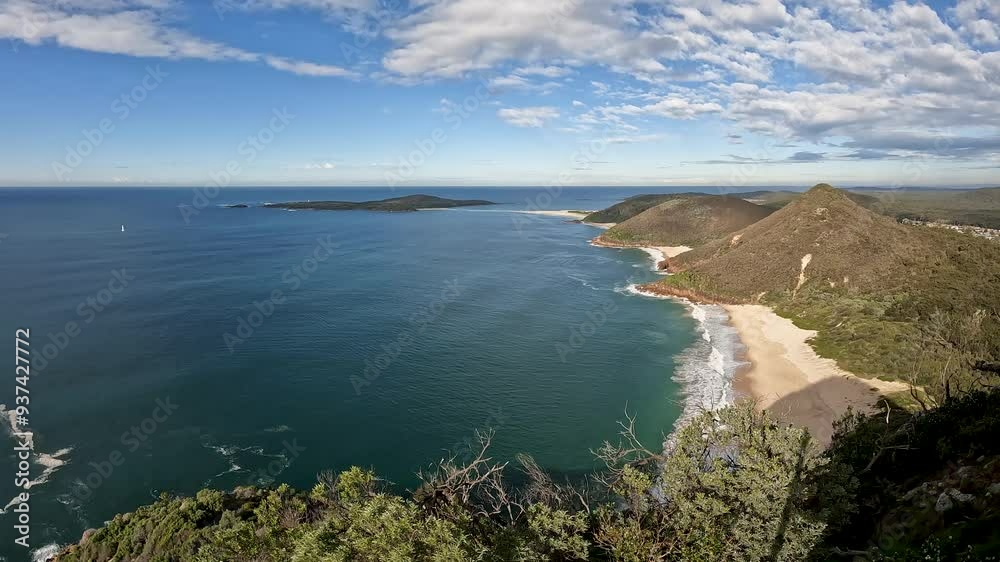 Panoramic views from Tomaree Mountain, overlooking Tomaree National Park and the rugged Australian coastline, NSW Panoramic views from Tomaree Mountain, overlooking Tomaree National Park and the rugged Australian coastline, NSW