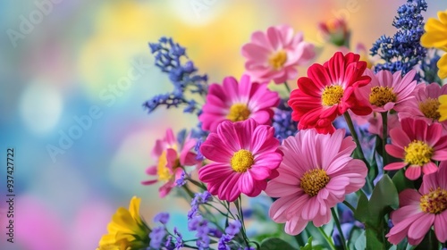 Beautiful fragrant flowers in pink, red, yellow, purple, and blue on a colorful background, perfect postcard for an inscription