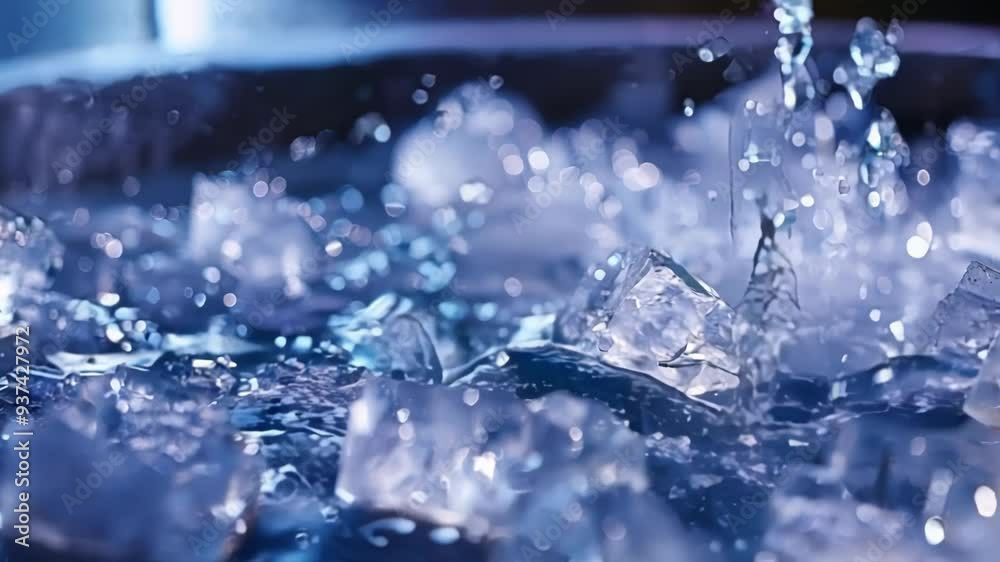Mesmerizing close up of melting ice cubes in clear water, perfect for hot days. Evokes freshness and rejuvenation, ideal for cold therapy concepts. Texture contrasts add creativity Mesmerizing close up of melting ice cubes in clear water, perfect for hot days. Evokes freshness and rejuvenation, ideal for cold therapy concepts. Texture contrasts add creativity