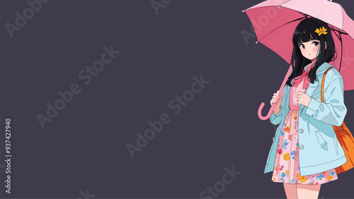 ILLUSTRATION OF A BEAUTIFUL YOUNG GIRL IN A CUTE CLOTHING HOLDING AN UMBRELLA, ANIME STYLE 