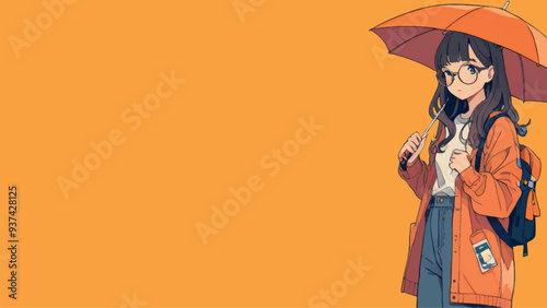 ILLUSTRATION OF A BEAUTIFUL YOUNG GIRL IN A CUTE CLOTHING HOLDING AN UMBRELLA, ANIME STYLE 