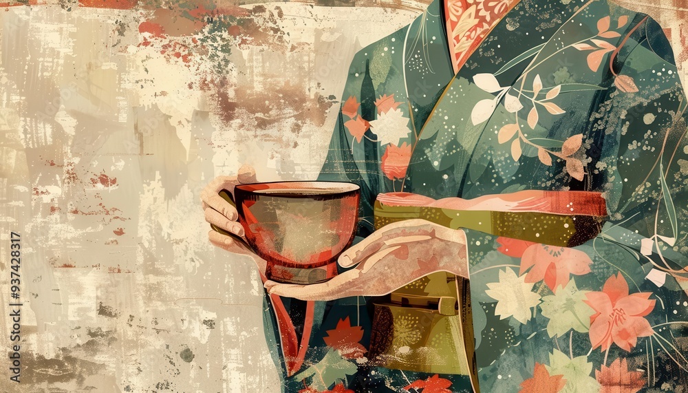 Naklejka premium Japanese tea ceremony with kimono host, Vintage, Soft, Illustration, Highlighting cultural elegance and tradition