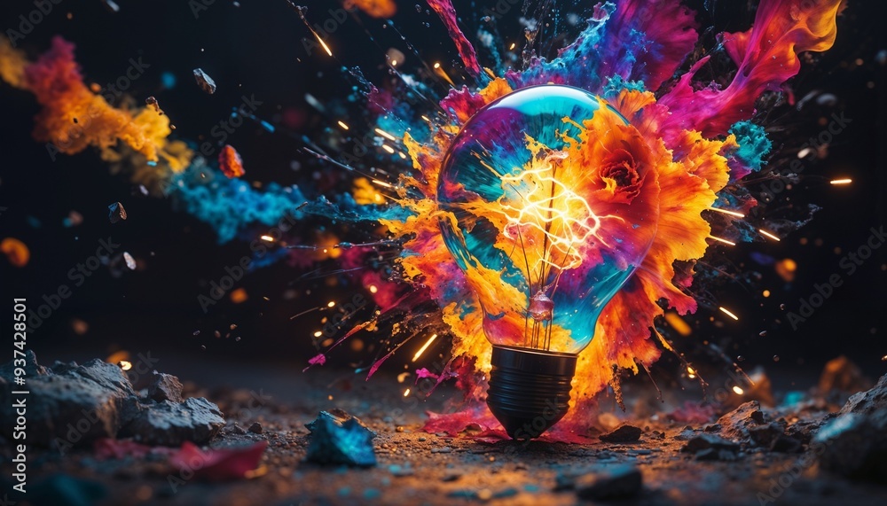 A light bulb exploding into a burst of vivid colors and shapes, symbolizing a powerful moment of inspiration and creativity. A light bulb exploding into a burst of vivid colors and shapes, symbolizing a powerful moment of inspiration and creativity.
