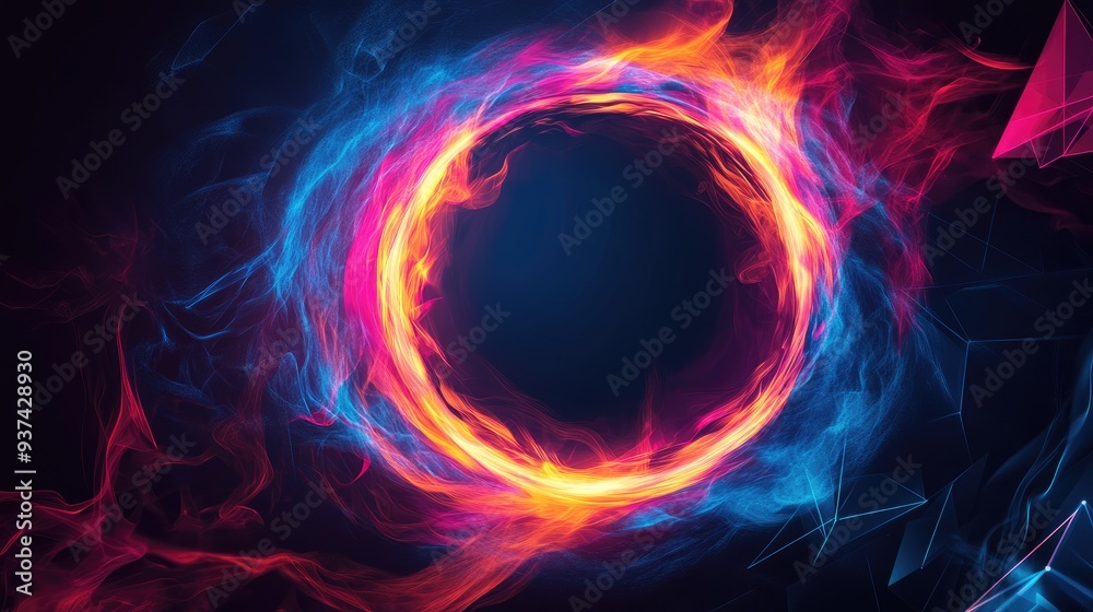 Circular flame in vibrant blue to red pink gradient, glowing against abstract geometric shapes on a dark background Circular flame in vibrant blue to red pink gradient, glowing against abstract geometric shapes on a dark background