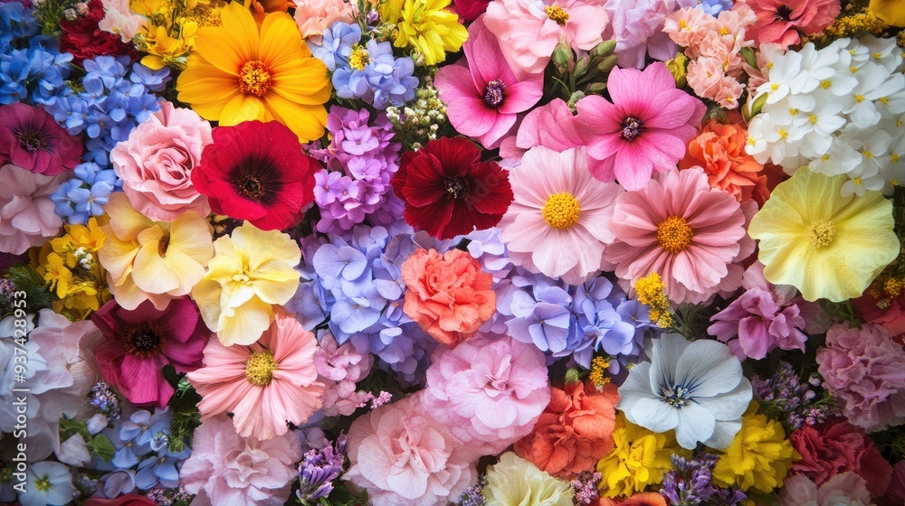 Colorful background with beautiful pink, red, yellow, purple, and blue flowers, perfect for a fragrant postcard inscription Colorful background with beautiful pink, red, yellow, purple, and blue flowers, perfect for a fragrant postcard inscription