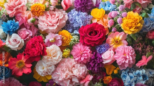 Colorful background with beautiful pink, red, yellow, purple, and blue flowers, perfect for a fragrant postcard inscription