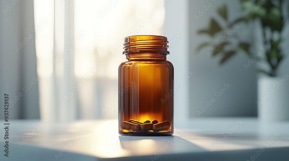 Close-Up of Brown Pill Bottle with Capsules in Minimalist Setting, Highlighting Health and Wellness Close-Up of Brown Pill Bottle with Capsules in Minimalist Setting, Highlighting Health and Wellness