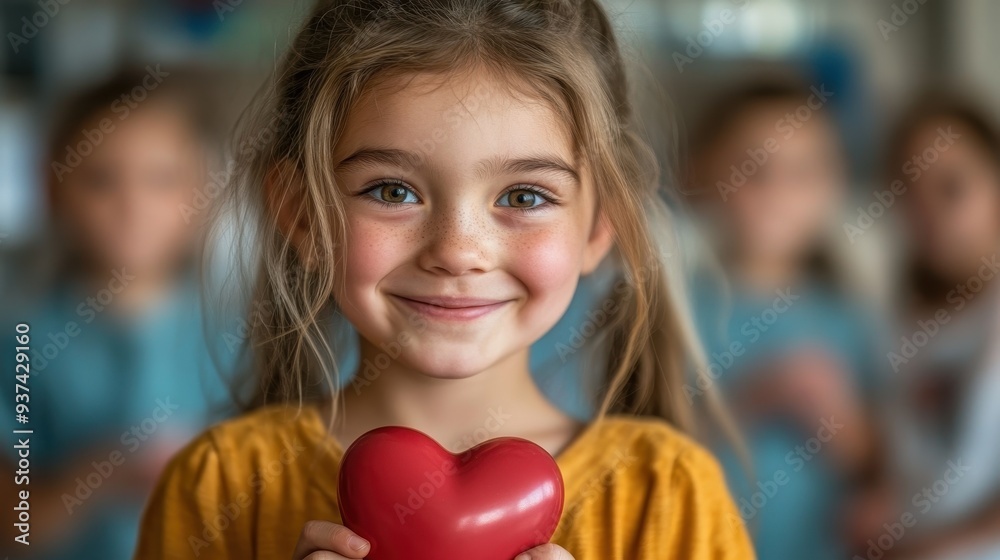 Happy Child Holding Red Heart-Shaped Object in Hospital Room - Portrait with Blurred Background Happy Child Holding Red Heart-Shaped Object in Hospital Room - Portrait with Blurred Background