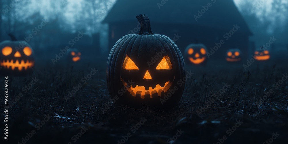 Glowing Jack o lantern in Foggy Field with Scary Halloween Pumpkins Glowing Jack o lantern in Foggy Field with Scary Halloween Pumpkins