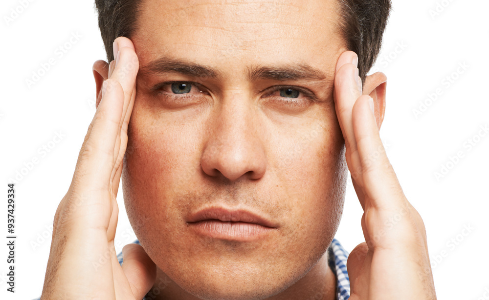 Stress, portrait and man in studio with headache, anxiety and creative professional in mental health. Pain, burnout and person with migraine, fatigue and hands on head for massage on white background Stress, portrait and man in studio with headache, anxiety and creative professional in mental health. Pain, burnout and person with migraine, fatigue and hands on head for massage on white background