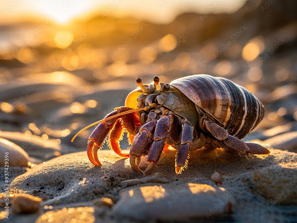 A hermit crab crawls across the beach with its shell in the golden light of the setting sun. A hermit crab crawls across the beach with its shell in the golden light of the setting sun.