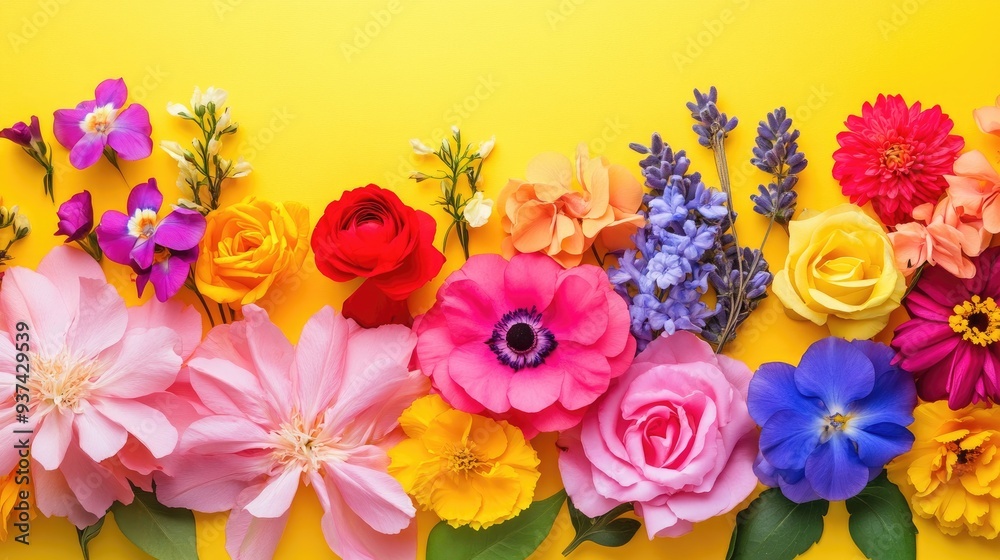 Fragrant flowers in pink, red, yellow, purple, and blue on a bright background, perfect for a postcard inscription Fragrant flowers in pink, red, yellow, purple, and blue on a bright background, perfect for a postcard inscription