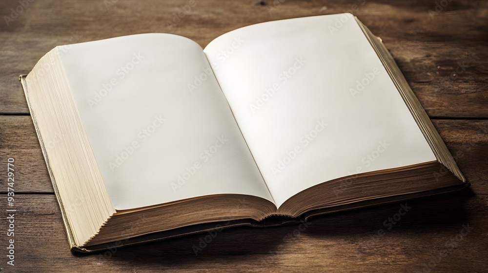 An open book with blank pages lying flat on a wooden table providing a clean minimalist backdrop for custom content typography or editorial design layouts An open book with blank pages lying flat on a wooden table providing a clean minimalist backdrop for custom content typography or editorial design layouts