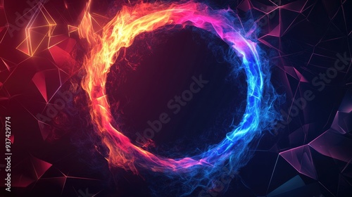 Glowing circular flame with blue to red pink gradient, abstract geometric shapes on a dark background, vibrant and dynamic