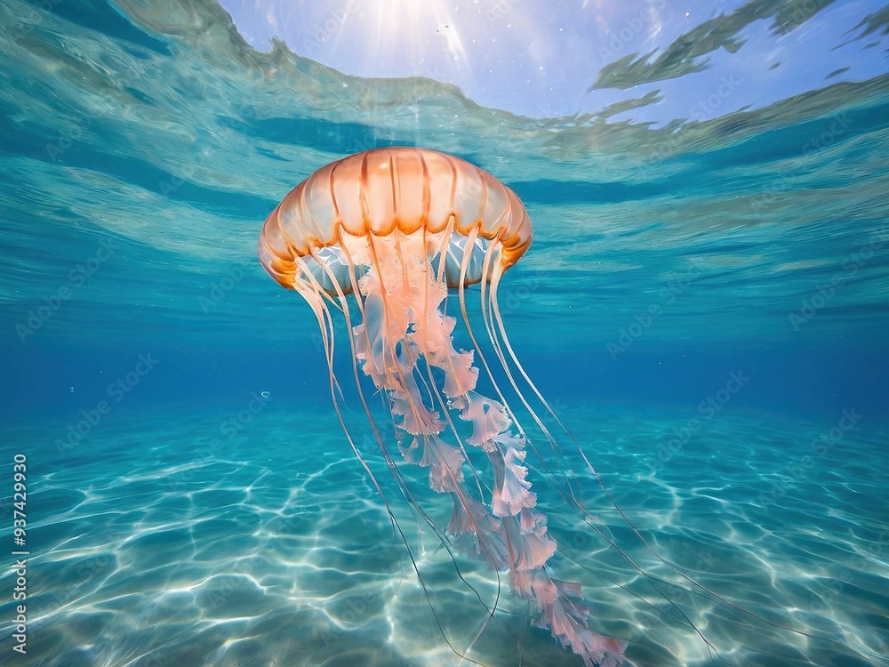 A large, orange jellyfish with long, pink tentacles floats in clear, blue water with sunbeams shining through the surface. A large, orange jellyfish with long, pink tentacles floats in clear, blue water with sunbeams shining through the surface.