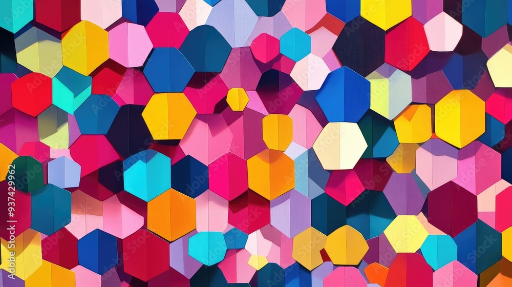 Repeating geometric pattern of multicolored hexagons in vibrant shades of pink, yellow, red, blue, and purple, bold abstract design Repeating geometric pattern of multicolored hexagons in vibrant shades of pink, yellow, red, blue, and purple, bold abstract design