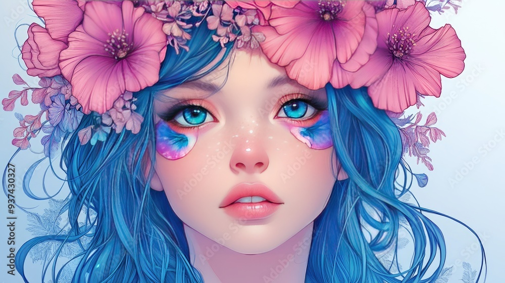 Stunning cartoon girl with a flower crown of electric blue and pink, intricate iris details and delicate eyelashes, blending art and fashion