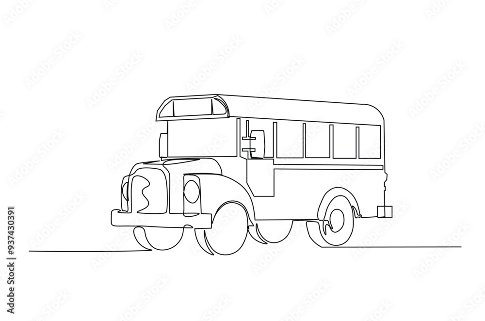 School bus continuous one line drawing. Old school bus single line art illustration. Editable vector. School bus continuous one line drawing. Old school bus single line art illustration. Editable vector.