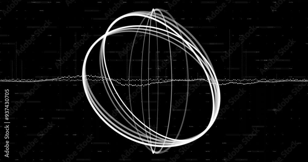 Rotating wireframe sphere and soundwave animation over black background with dots
