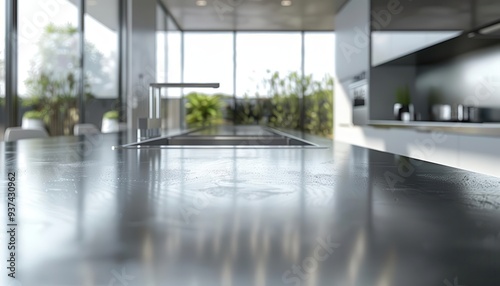 Minimalist kitchen with stainless steel  Futuristic  Clean  3D  Emphasizing modern design