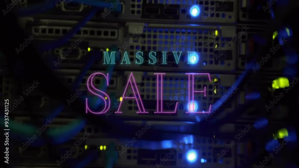 Massive sale text animation over server racks with glowing lights Massive sale text animation over server racks with glowing lights